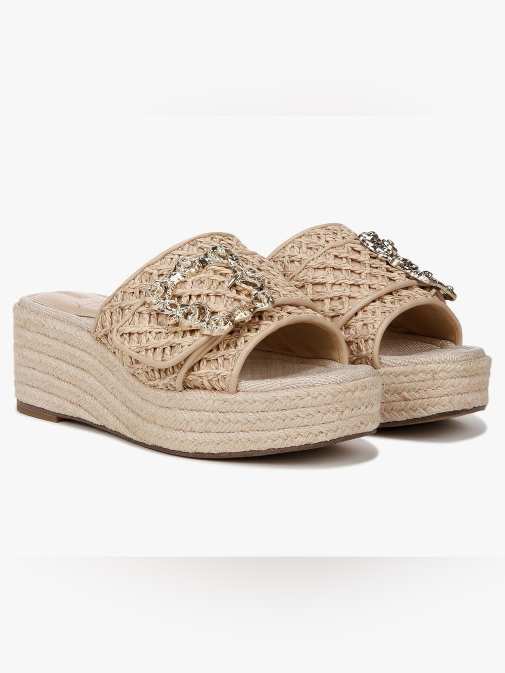 CeliaB Woven Raffia Platform Slide in Beige with Gold Buckle 8.5